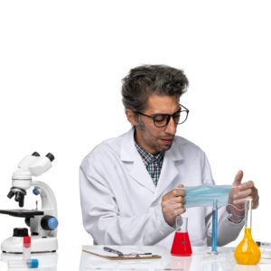 front-view-middle-aged-scientist-medical-suit-holding-mask